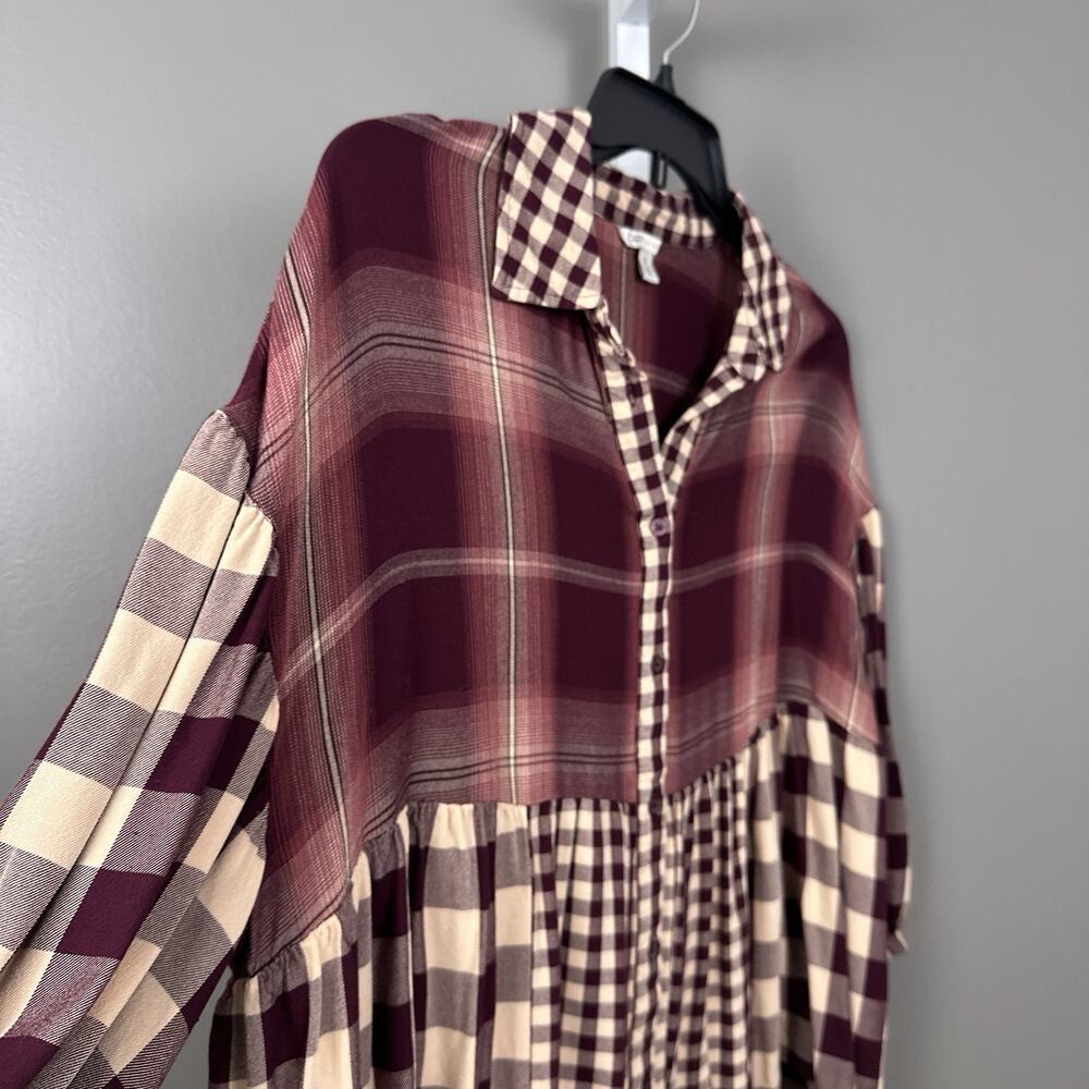 Cato Womens XL Rayon Plaid Babydoll Blouse Empire Waist Burgundy Boho Top - Picture 4 of 8
